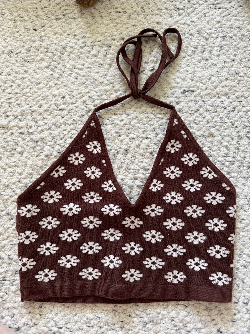 Brown Daisy Halter Knit Crop Top - Women's